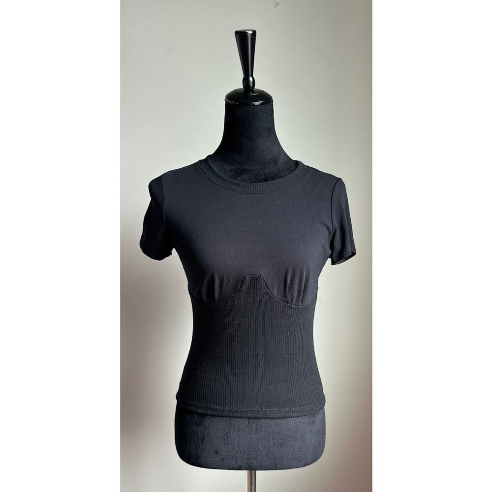 MODERN CITIZEN Black Corset Detail Crew Neck Short T-Shirt Size S